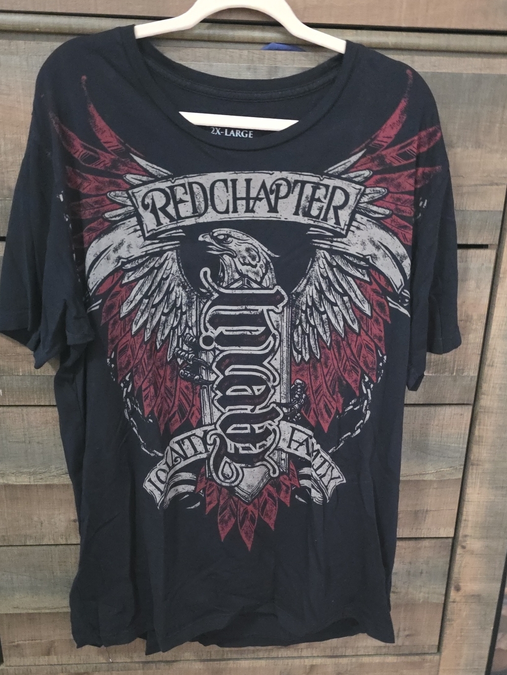 Chapter Black Tee with Red and Gray Eagle Graphic